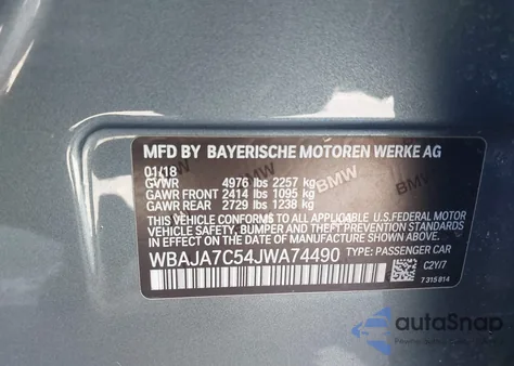 2018 BMW 530I xDrive из США, поврежденный, VIN WBAJA7C54JWA74490